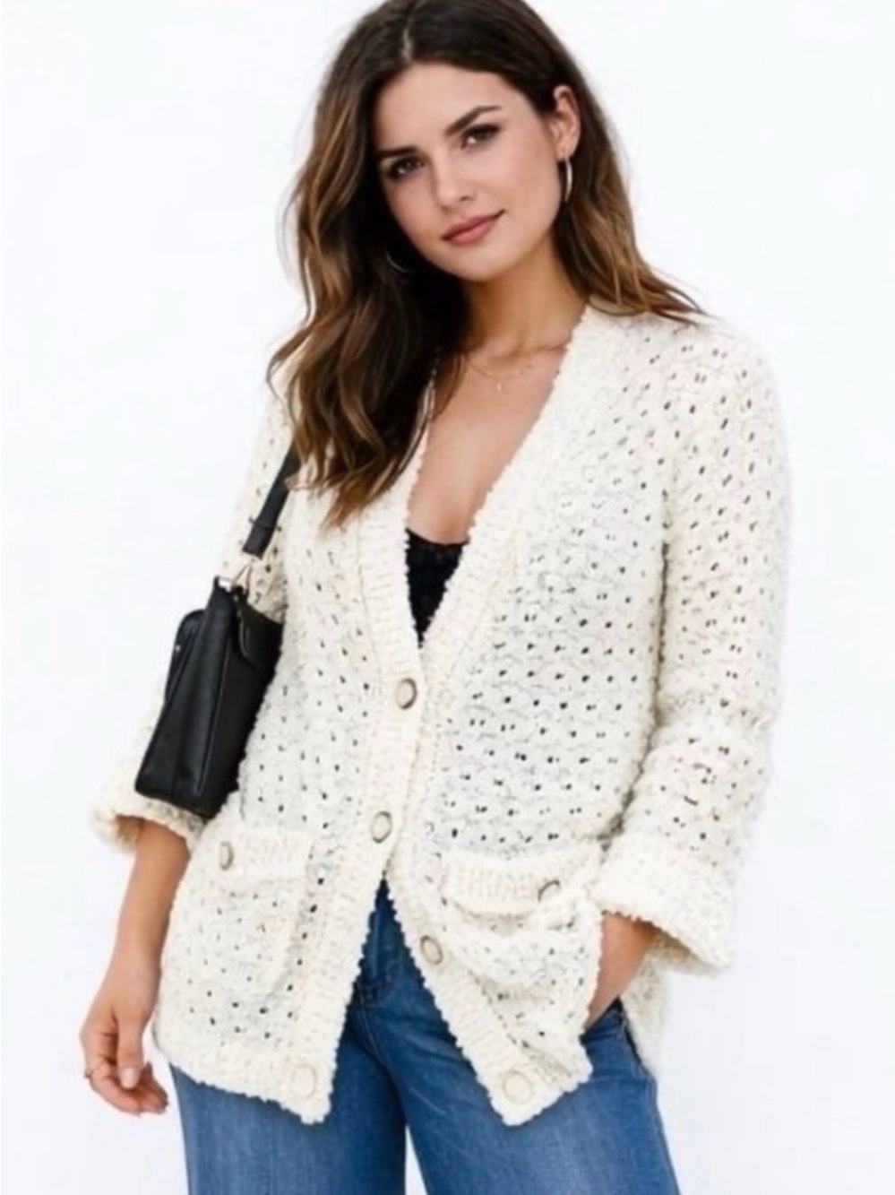 Zara Cream Open-Knit Button Cardigan Sweater